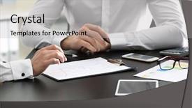  Presentation with men and women working in harmony - PPT theme consisting of working in office consulting service background and a  colored foreground