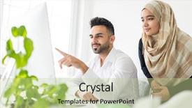  Presentation with man vs woman - PPT layouts featuring working in office on computer background and a mint green colored foreground