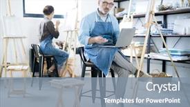  Presentation with aged - Beautiful slide deck featuring working in studio of art backdrop and a seafoam green colored foreground