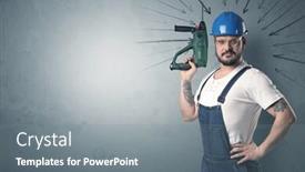  Presentation with hand tools - Beautiful PPT theme featuring working-man-with-tools backdrop and a gray colored foreground