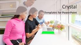  Presentation with international trade payment - Audience pleasing presentation theme consisting of working meeting and e-payment backdrop and a soft green colored foreground