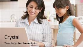  Presentation with kitchen - Beautiful PPT theme featuring working mom - woman and young girl backdrop and a soft green colored foreground