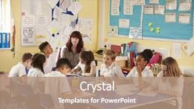  Presentation with working togheter kids - Presentation theme with working on a class project background and a coral colored foreground