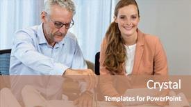  Presentation with hands holding black tablet - Slides having working on blueprint with compass background and a coral colored foreground