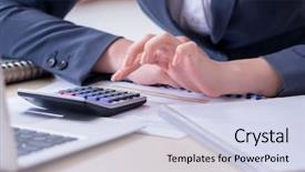  Presentation with finance - Beautiful slide set featuring working on keyboard with report backdrop and a  colored foreground