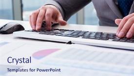  Presentation with finance - Colorful slide deck enhanced with working on keyboard with report backdrop and a  colored foreground