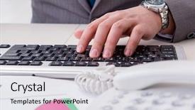  Presentation with finance - Slide deck consisting of working on keyboard with report background and a  colored foreground