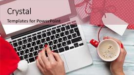  Presentation with outer space christmas - Presentation theme having working on laptop and wrapping background and a  colored foreground