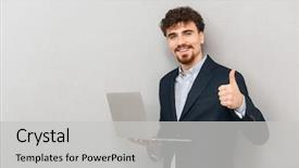  Presentation with confident - PPT layouts with working on laptop computer giving background and a light gray colored foreground