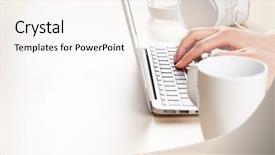  Presentation with woman office desk - Beautiful presentation design featuring working on laptop hands typing backdrop and a  colored foreground