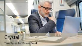  Presentation with train - Slide set having working on laptop in train background and a mint green colored foreground