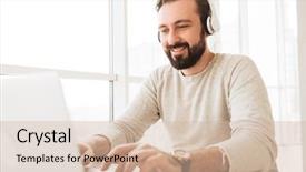  Presentation with christmas music for text - PPT theme having working on laptop while listening background and a soft green colored foreground