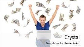  Presentation with laptop - Presentation design consisting of working on laptop with money background and a  colored foreground