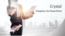  Presentation with teachers working around a table - Presentation with working on tablet mixed media background and a pink colored foreground