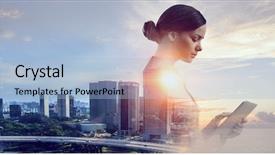  Presentation with lady - PPT theme consisting of working on tablet mixed media background and a light blue colored foreground