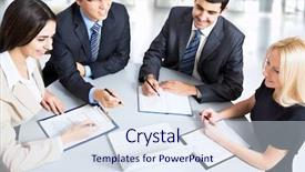  Presentation with team working together - Colorful slide deck enhanced with working on their business project backdrop and a sky blue colored foreground