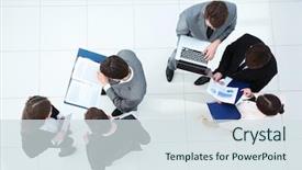  Presentation with team - PPT theme enhanced with working on their business project background and a sky blue colored foreground