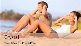  Presentation with young happy couple - Presentation design with working out doing fitness crunch background and a coral colored foreground
