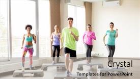  Presentation with group fitness - Slide deck having working out on step platform background and a  colored foreground