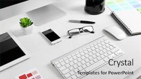  Presentation with working - Presentation theme featuring working place of designer close background and a light gray colored foreground