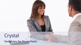  Presentation with shaking hands - Colorful PPT layouts enhanced with working relationships - businessman and businesswoman shaking hands backdrop and a  colored foreground