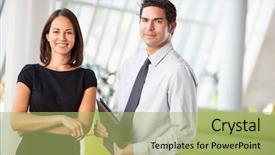  Presentation with women in office - Slide deck featuring working relationships - businessman and businesswomen having meeting background and a mint green colored foreground