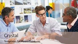  Presentation with creative production - Slide deck consisting of working relationships - group of men meeting background and a soft green colored foreground