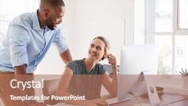  Presentation with man vs woman - Presentation design featuring working relationships - man stands talking to woman background and a coral colored foreground