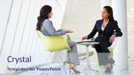  Presentation with meeting table - Colorful slides enhanced with working relationships - two businesswomen meeting around table backdrop and a sky blue colored foreground