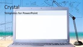  Presentation with working remotely - Slide set consisting of working remotely in virtual office using laptop on beach background and a light blue colored foreground