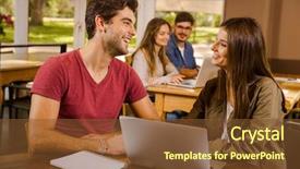  Presentation with employees working together - Cool new PPT theme with working together for the final backdrop and a  colored foreground