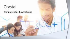  Presentation with on glass board - Cool new presentation with working together medical - smiling scientist records data backdrop and a white colored foreground