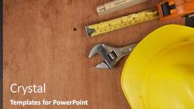  Presentation with wood tools - Cool new slides with working-tools-and-protective-helmet backdrop and a coral colored foreground