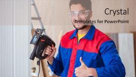  Presentation with manufacturing - Slides having working with a power saw background and a  colored foreground