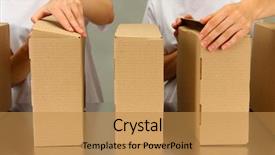  Presentation with belt conveyor - PPT layouts with working with boxes at conveyor background and a gold colored foreground