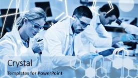  Presentation with chemicals - Beautiful PPT layouts featuring science graphic against science students working with chemicals in lab backdrop and a light blue colored foreground