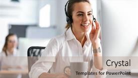  Presentation with happy image - Amazing PPT theme having working with computer wearing headphones backdrop and a coral colored foreground