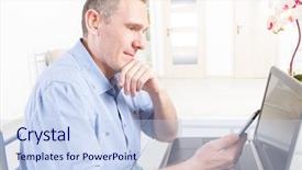  Presentation with hearing loss communication man - Audience pleasing PPT layouts consisting of working with laptop and mobile backdrop and a sky blue colored foreground