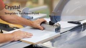  Presentation with furniture industry - PPT theme enhanced with working with sliding panel saw background and a coral colored foreground