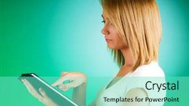  Presentation with teachers working around a table - Presentation with working with the portable tablet background and a  colored foreground