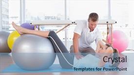  Presentation with exercise trainer - Presentation theme consisting of working with woman on exercise background and a light blue colored foreground