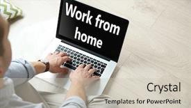  Presentation with home office - Theme featuring worklace life balance - man sitting with laptop background and a soft green colored foreground