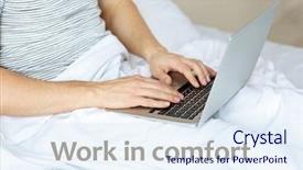  Presentation with bed - Slide deck having worklace life balance - man sitting with laptop background and a  colored foreground