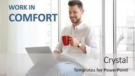  Presentation with home office - PPT theme enhanced with worklace life balance - mature man sitting with laptop background and a light gray colored foreground