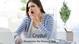  Presentation with tired - Presentation design enhanced with worklace life balance - tired woman at workplace background and a light blue colored foreground