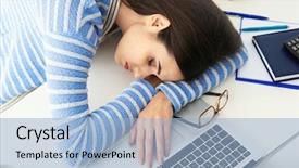  Presentation with workplace and time - PPT theme having worklace life balance - tired woman sleeping at workplace background and a light blue colored foreground
