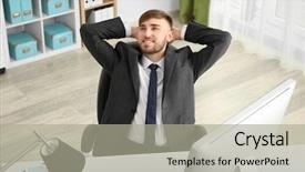  Presentation with workplace and time - Amazing presentation theme having worklace life balance - young businessman resting at workplace backdrop and a  colored foreground