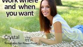  Presentation with young man holdng laptop on lap money - PPT layouts consisting of worklace life balance - young woman lying with laptop background and a  colored foreground