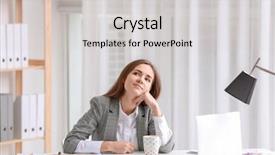  Presentation with workplace and time - PPT theme having worklace life balance - young woman resting on workplace background and a  colored foreground