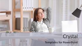  Presentation with workplace - Audience pleasing slide set consisting of worklace life balance - young woman resting on workplace backdrop and a  colored foreground